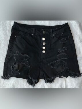 SHEIN Black Distressed Button-Front Denim Shorts